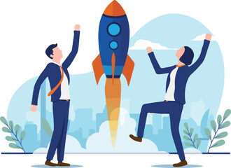 Business launch - Man and woman at work launching projects and celebrating. Corporate vector illustration with white background