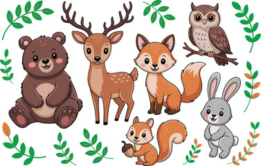 Cute woodland animals illustration set, adorable forest creatures artwork, cartoon bear deer fox owl rabbit squirrel designs for kids and nature-themed projects