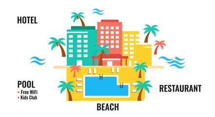Hotel Paradise: Captivating illustration of a coastal hotel featuring palm trees and a refreshing pool, inviting guests to a vacation getaway.