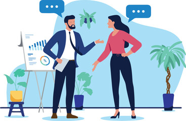 Business man and woman have an office conversation or discussion about a project displayed on a chart with speech bubbles in a flat design vector illustration
