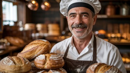 A smiling baker at his workplace. Baker on the background of fresh buns. The background is slightly blurred.