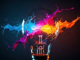 Bright colorful exploding light bulb with vibrant energy waves and creative inspiration concept