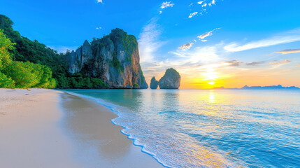 Serene beach scene featuring rugged coastline, clear blue waters, and vibrant sunset. landscape showcases towering cliffs and lush greenery