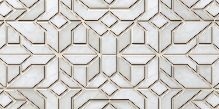 Seamless geometric pattern with white shapes and subtle gray outlines background on transparent background - Powered by Adobe