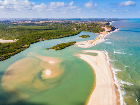 Barra de Gramame, Jo&atilde;o Pessoa, Para&iacute;ba - aerial view of the river meeting the sea on the coast of Para&iacute;ba.
