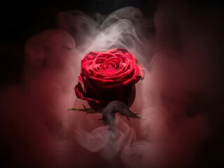 Vivid red rose with dew drops in dramatic dark lighting showcasing natural beauty