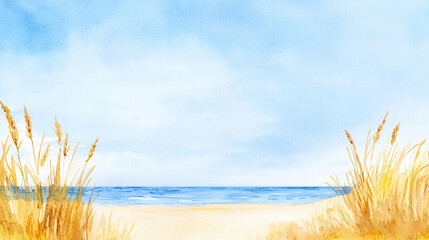 Serene watercolor landscape featuring beach scene with gentle waves and tall grasses swaying in breeze. soft blue sky enhances tranquil atmosphere