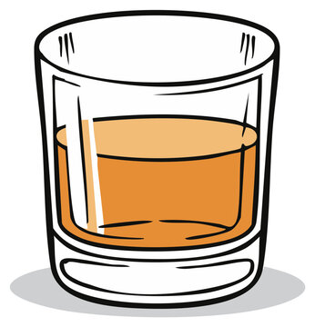 Cartoon style illustration of a rocks glass filled with whiskey or bourbon alcohol drink