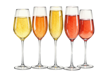 five elegant crystalline champagne flutes with varied sparkling wines (rosé, amber), showing perlage in vibrant watercolor style still life against a transparent background, Concept of luxury wine