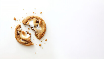 A broken chocolate chip cookie, showcasing its crumbly texture and gooey chocolate chips, isolated on a clean white background for a tempting treat