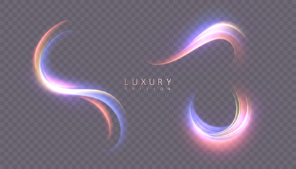 Naklejka premium A set of glowing pink and purple neon swirls and arcs with smooth light trails on a transparent background. Used in motion graphics, impact effects, and magic effects for games.