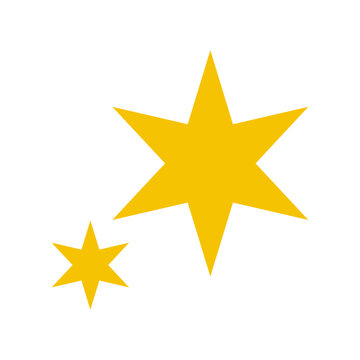 Vector set of two bright yellow seven point stars on white background. Shining star collection for holiday decor, magic highlight, badge, logo, sticker and graphic design element.