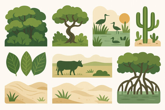 Brazilian biomes vector grid with Amazon rainforest Cerrado Pantanal Caatinga Atlantic Forest Pampa dunes and mangroves
