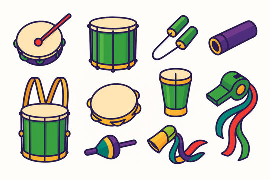 Brazilian carnival instrument vector icon set with tamborim repinique agog&ocirc; surdo pandeiro cu&iacute;ca and whistle