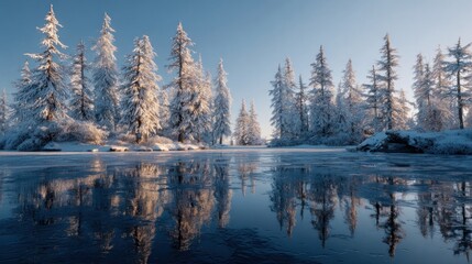 Obraz premium snowy trees reflecting in frozen water,
