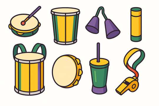 Brazilian carnival instrument vector icon set with tamborim repinique agog&ocirc; surdo pandeiro cu&iacute;ca and whistle