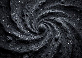 Dark Grayscale Abstract Vortex with Particulate Droplets Layered Pebbles and Volumetric Texture Centered