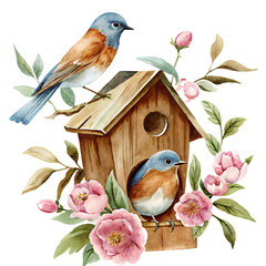 Watercolor bluebirds with floral birdhouse illustration in detailed hand painted spring style