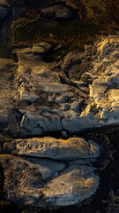 Aerial view of seascape with cliffs in sunset. Drone nature photography taken from above in summer in Sweden.