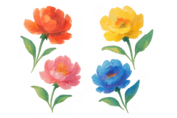 Watercolor floral set featuring vibrant garden flowers with green leaves on transparent background for spring designs