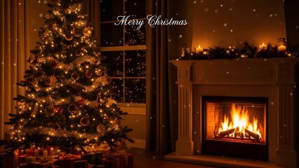 Festive Christmas background with sparkling lights, decorated tree, cozy fireplace glow, falling snowflakes, elegant seasonal greeting, vibrant colors, magical holiday atmosphere, high-resolution
