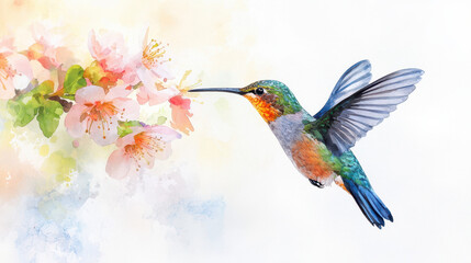 Naklejka premium Colorful hummingbird approaches delicate pink flowers, showcasing vibrant feathers and intricate details in serene, artistic setting