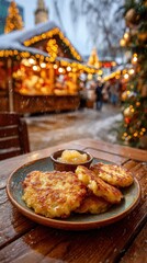 Crispy Golden German Potato Pancakes Reibekuchen, Latkes Served with Applesauce: A Delicious Traditional Christmas Market Snack on a Wooden Table Outdoors, with Snow Falling and Lights Glowing