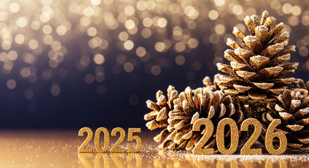 Image of glittered pine cone and golden numbers 2025 & 2026, set against a bokeh light, symbolizing an upcoming new year and festive celebration