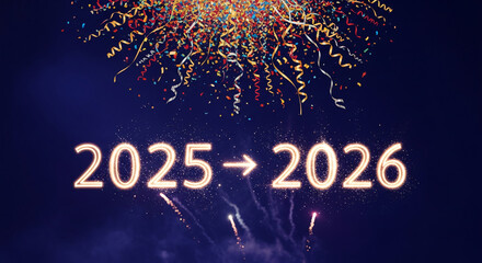 Festive image with colorful confetti and ribbons falling over glowing numbers 2025 and 2026, representing a New Year celebration and transition