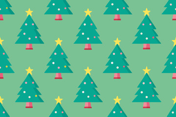 Obraz premium A festive pattern of cartoon christmas trees on a green background