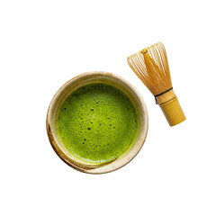 Matcha green tea in bowl with chasen whisk isolated on transparent background