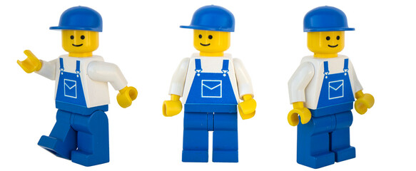 Obraz premium Figura de cartero de LEGO oficial. Tres posturas. Imagen aislada