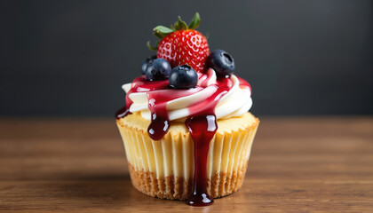 Single cheesecake cupcake with graham cracker crust on wooden table. Creamy dessert topped with whipped cream white frosting red berry sauce strawberries blueberries. Sweet treat for bakery cafe menu.