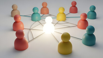 Brightly glowing central figure connects a diverse group of colorful people in a network