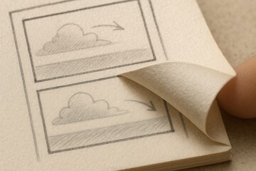 Creative Process: Hand Peeling Page of Hand-Drawn Storyboard Sketchbook