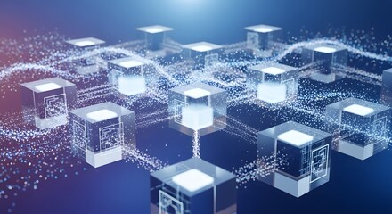 Abstract digital network with glowing cubes and data connections representing technology