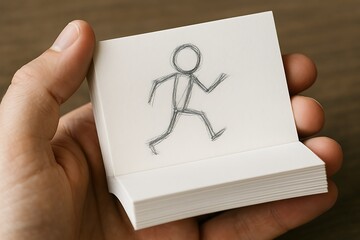 Flipbook Animation of Running Stick Figure Held by Hand
