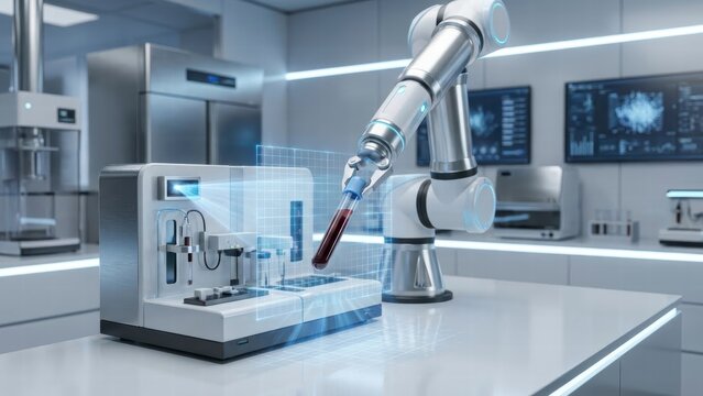 A robotic arm analyzes a blood sample in a high-tech, futuristic laboratory with digital screens and advanced equipment.