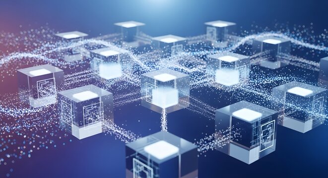 Abstract digital network with glowing cubes and data connections representing technology - Powered by Adobe