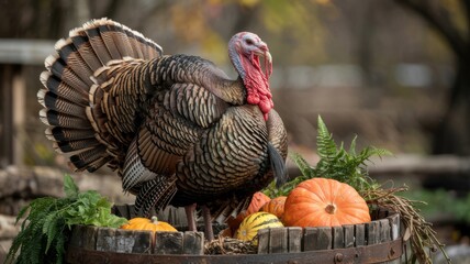A contented turkey with a bright red crest. The turkey stands on a wooden barrel. The background is blurry and consists of several pumpkins and greenery. A photo with a place for the text.