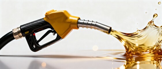 A yellow fuel pump nozzle dispensing gasoline with a splash effect on a reflective surface.