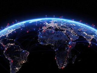 Digital illustration of earth with global network connections and glowing data flow