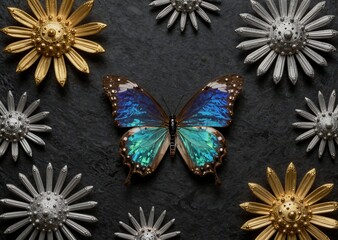 Delicate butterfly with rich shimmering multicolor hues surrounded by opulent radial metallic floral design