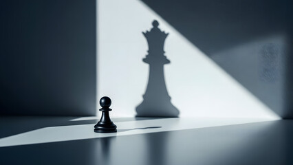 Strategic ambition: a small chess pawn casts the commanding shadow of a powerful queen