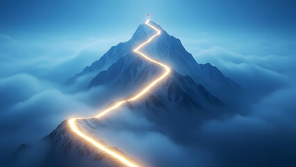 Glowing golden path winding up a majestic snowy mountain peak, reaching the success flag