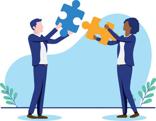 Business puzzle - Two businesspeople solving problem and connecting jigsaw puzzle pieces together. Flat design vector illustration with white background