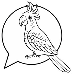 Fototapeta premium Adorable black and white cockatoo parrot illustration with crest inside a blank speech bubble for communication