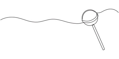 Continuous line drawing of lollipop, spiral hard sugar candy on stick. Vector sketch of round caramel with striped swirls in one black contour isolated on white background, One line Lollypop. Simple