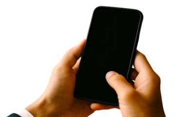 Close up shot of hands holding a modern black smartphone with a blank screen and one finger ready to tap isolated on white background