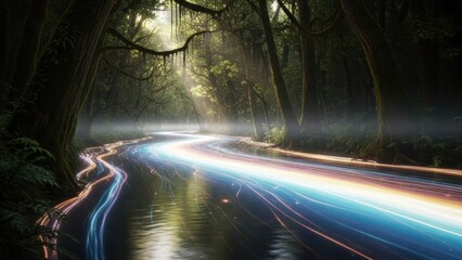 Abstract river scene with glowing light trails in a lush forested environment